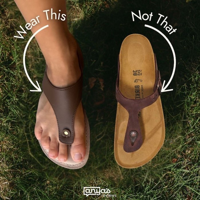A comparison Wear This Not That photo comparing Be Lenka Promenade 2.0 to a Birkenstock sandal in a similar style.