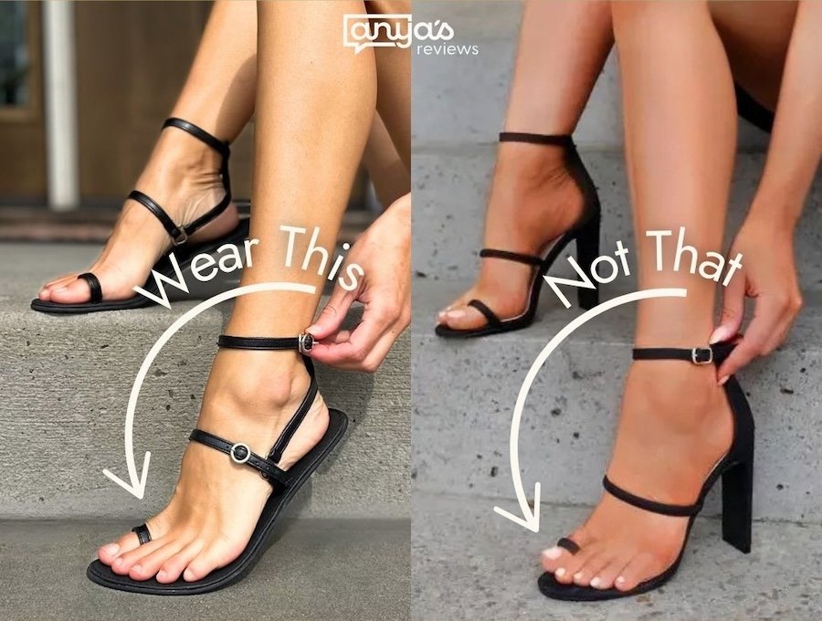 A side by side comparison of a pair of conventional high heeled sandals with a pair of foot friendly High Feels sandals with a toe loop, and dainty vegan straps. The annotated photos are arrows pointing to the shoes that say Wear This and Not That