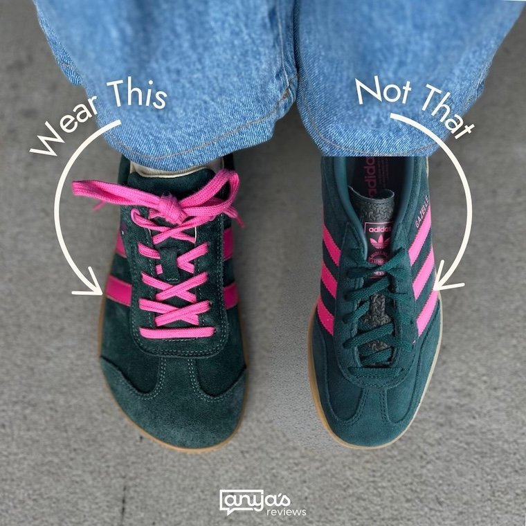 A side by side comparison showing a pair of Adidas Gazelle next to Koel Ila suede in dark green suede with bright pink stripes and laces, but with a much wider toe box than Adidas.