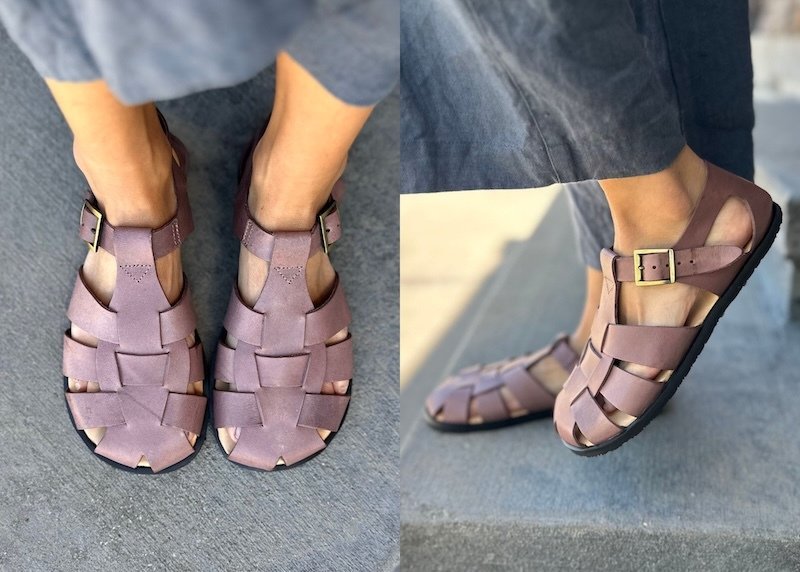 A side by side collage ofa person's feet in Lang. S Fisherman barefoot sandals in light brown leather with a wide toe box. One photo shows them from the top down, and the other shows them from the side to highlight the zero drop outsole.