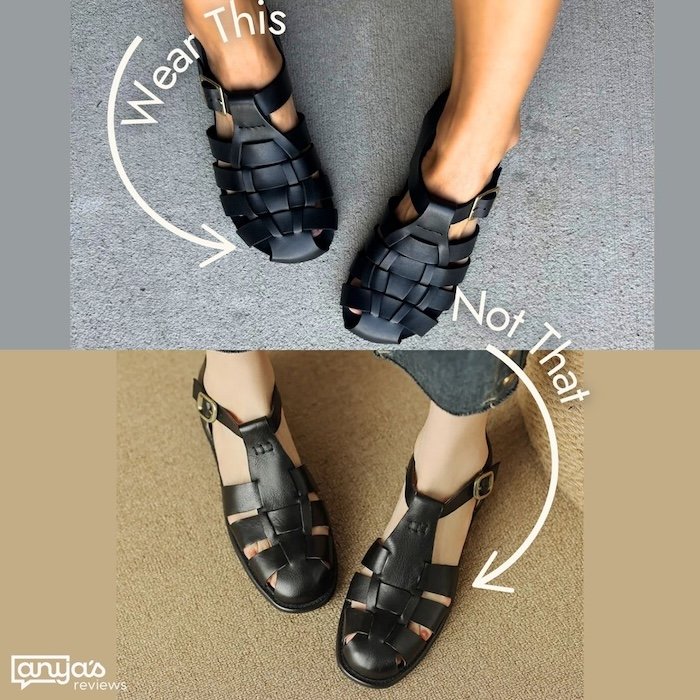 A collage comparison showing Marsolta Fisherman sandals with an anatomical toe box and a conventional pair of black leather fisherman sandals showing the pinched toes.