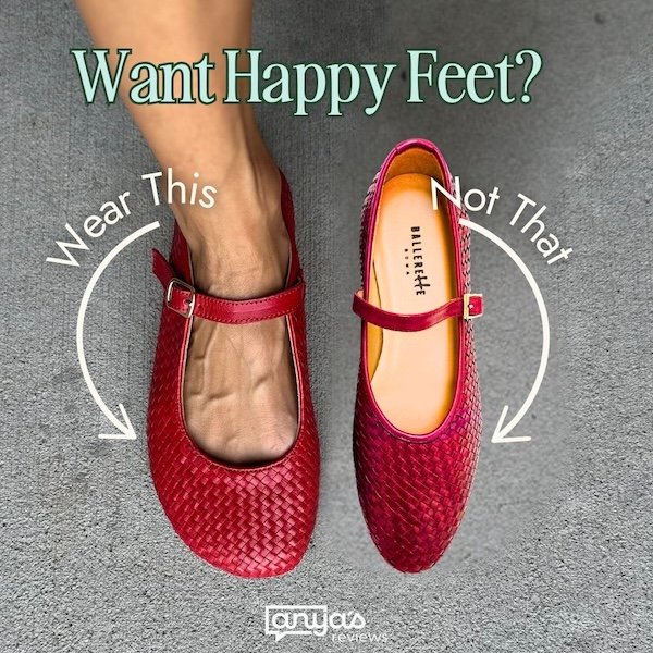 An anatonated image of Paidal woven mary janes in glossy red next to a narrow conventional mary jane in the same style. Wear This is pointing at Paidal, and Not That is pointing at the conventional brand. The Text "Want Happy Feet?" is at the top.