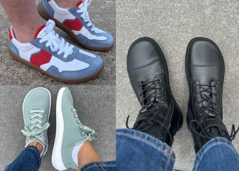 A collage of 3 different styles of Skinners barefoot shoes styled on foot by Anya and her team of testers