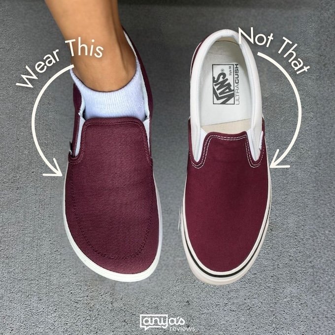 A comparison Wear THis Not That photo comparing Splay Rev SO in maroon canvas to Vans slip-ons in the same color, but with a narrow toe box