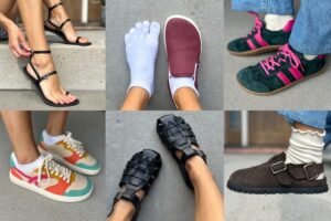 A collage of 6 different stylish barefoot shoes that can replace summer 2026 trending styles because they look the same but have more toe space and are flat and flexible.