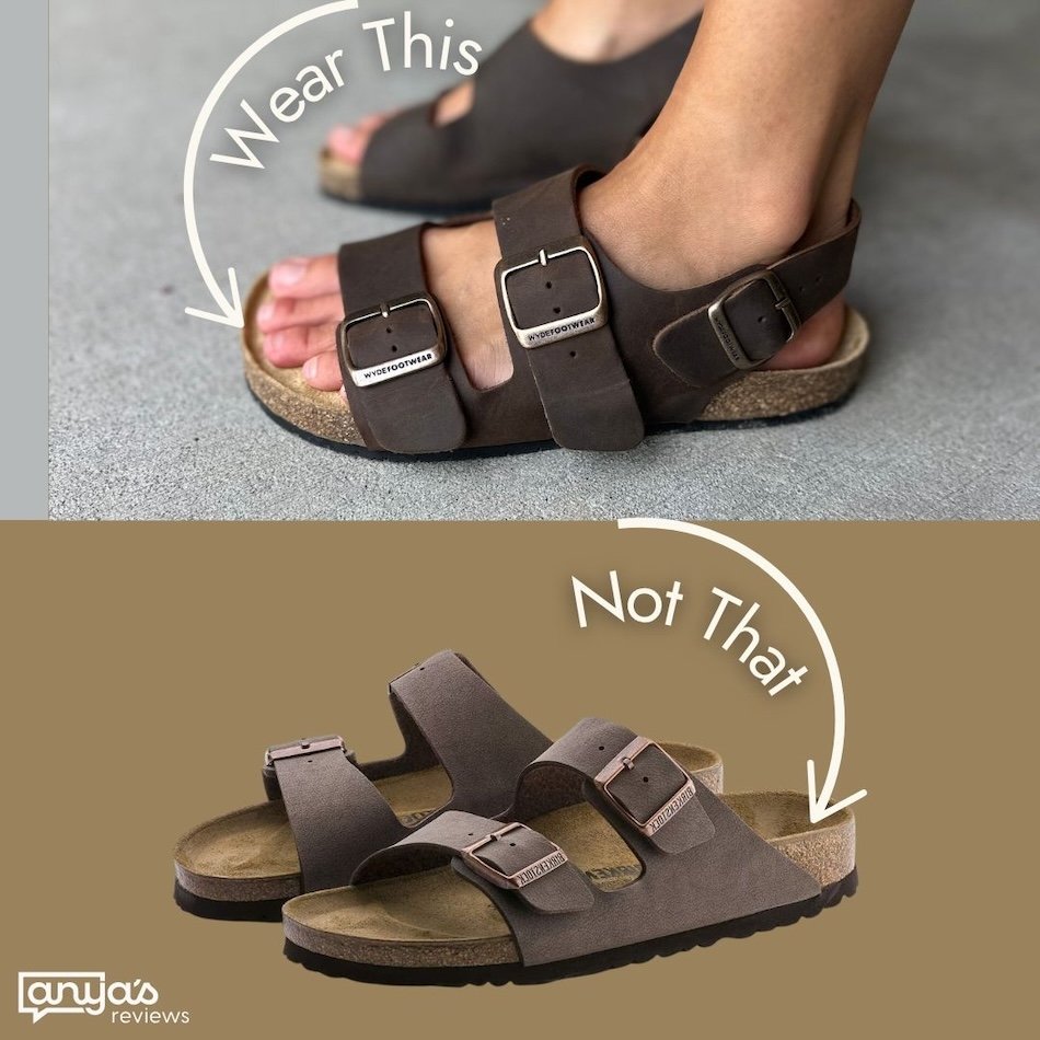 A photo collage comparing a pair of Wyde Maia Strap barefoot friendly sandals to Birkenstock Arizona without a back strap. Wear This with an arrow is pointing to Wyde Maia Strap, and Not That is pointing to Birkenstock.