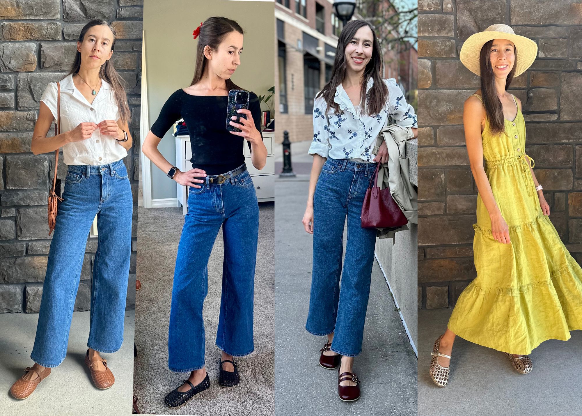 A four photo collage showing different stylish outfits on the same woman, all with a different pair of barefoot mary janes from Origo Shoes