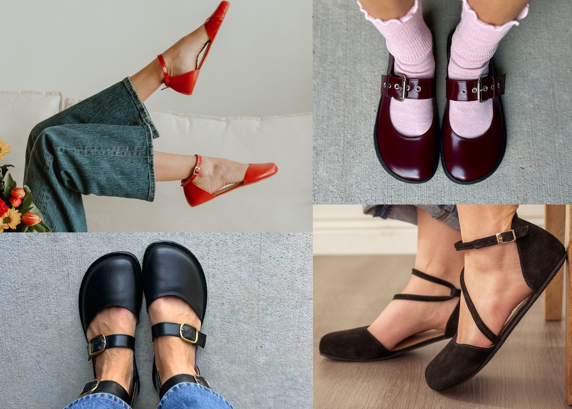 4 photo collage showing different Shapen Barefoot flats, all with a wide toe box and flat flexible outsole.