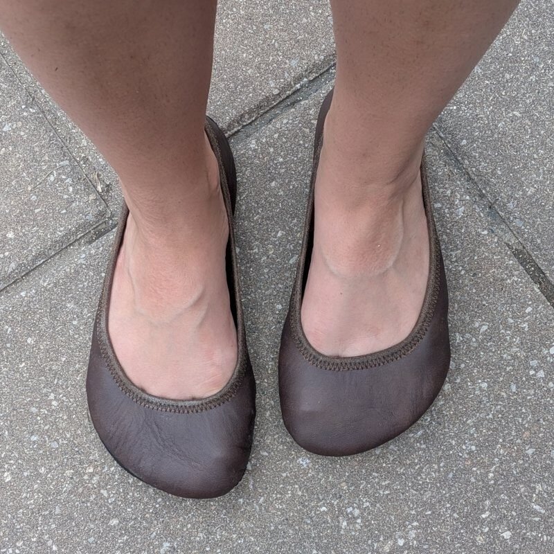 Top down view of a pair of brown leather Softstar Shoes wide Primal Ballerine flats