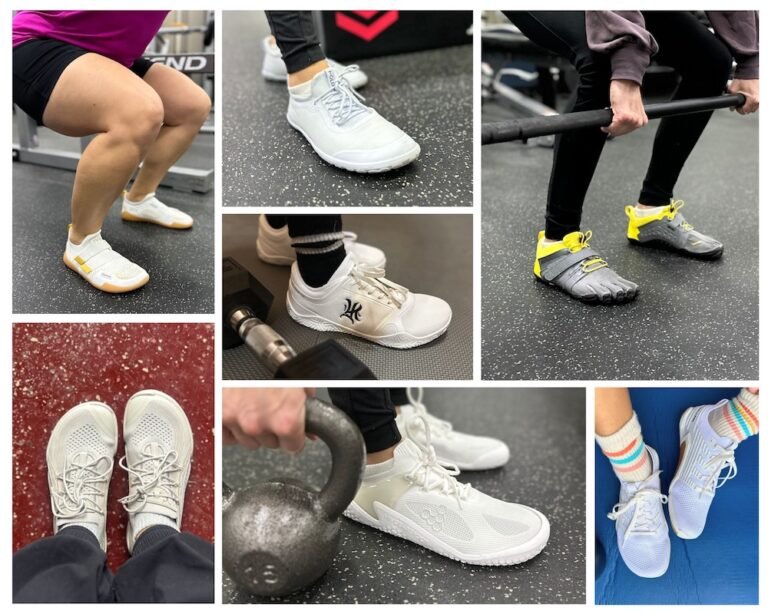 A collage showing 7 different brands of wide toe box barefoot gym training shoes in action