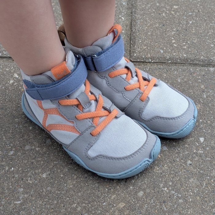 Front angled view of a toddler in Wildling Ino Stone high tops with orange elastic laces and blue velcro.