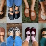 Collage grid of 8 photos showing close ups of people's feet in different wide toe box barefoot flats from Origo, Shapen, Softstar, Xero, and Jenon Leather.