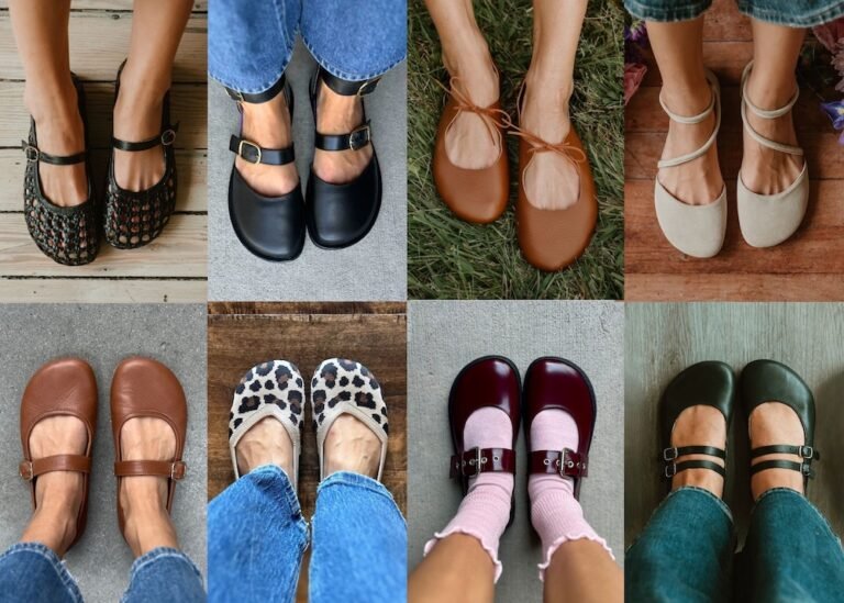 Collage grid of 8 photos showing close ups of people's feet in different wide toe box barefoot flats from Origo, Shapen, Softstar, Xero, and Jenon Leather.