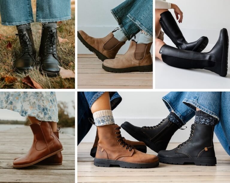 A collage of 6 different wide toe box barefoot boots from different brands shown from different angles to highlight how broad and diverse this category of footwear is.