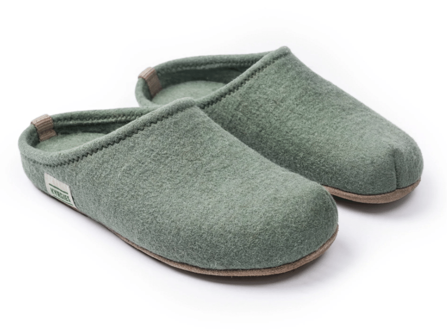 Kyrgies barefoot slipper slides in sage green wool with thin flexible outsole