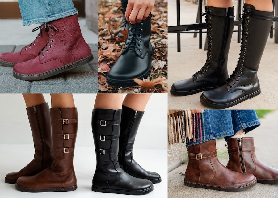 A collage of different models of barefoot shoes from the brand Peerko - all in different styles and colors, worn on foot to show how fashion forward and nice they look, as well as the diversity of the collection.