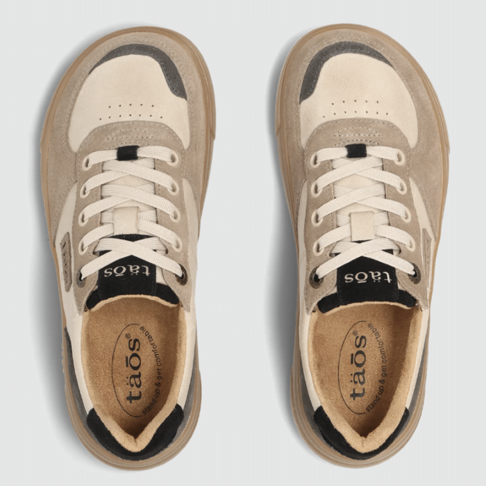 Top down stock image of a pair of wide toe box sneakers from Taos Footwear with a cushioned outsole
