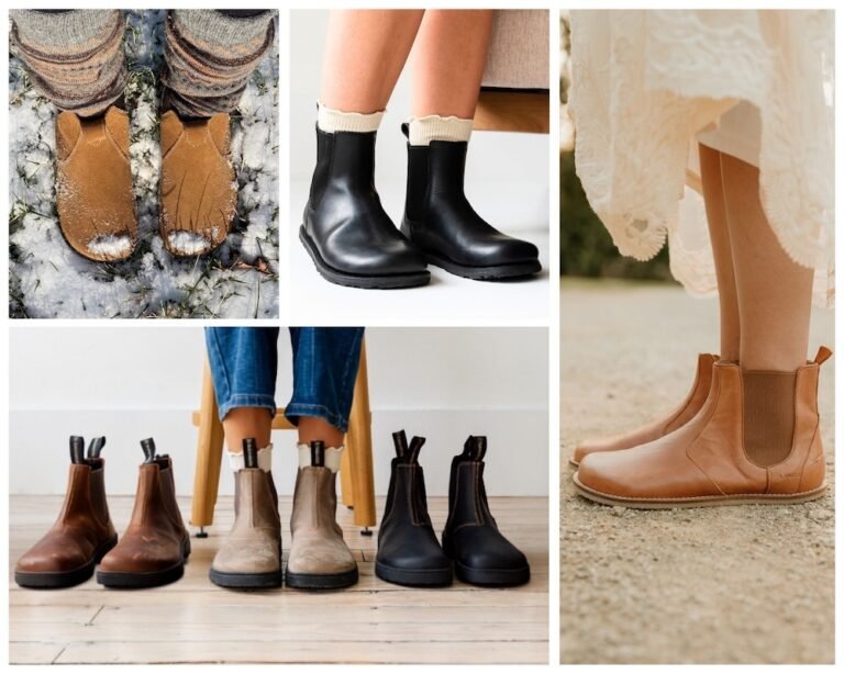 A collage of 4 popular barefoot Chelsea boots including Lang.S, El Naturalista, Gaucho Ninja, and Lems. All featured a wide toe box, flexible zero drop outsole, and varying stack heights.