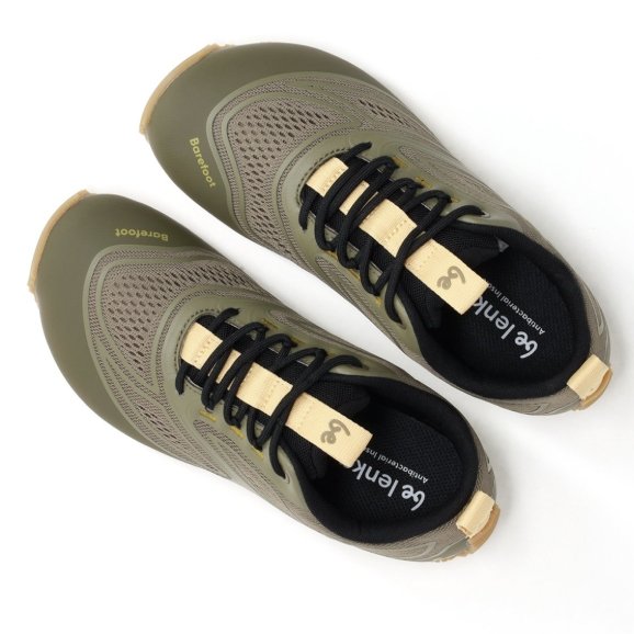 Top down view of a pair of Be Lenka Trailtech hiking sneakers with a wide toe box in olive green