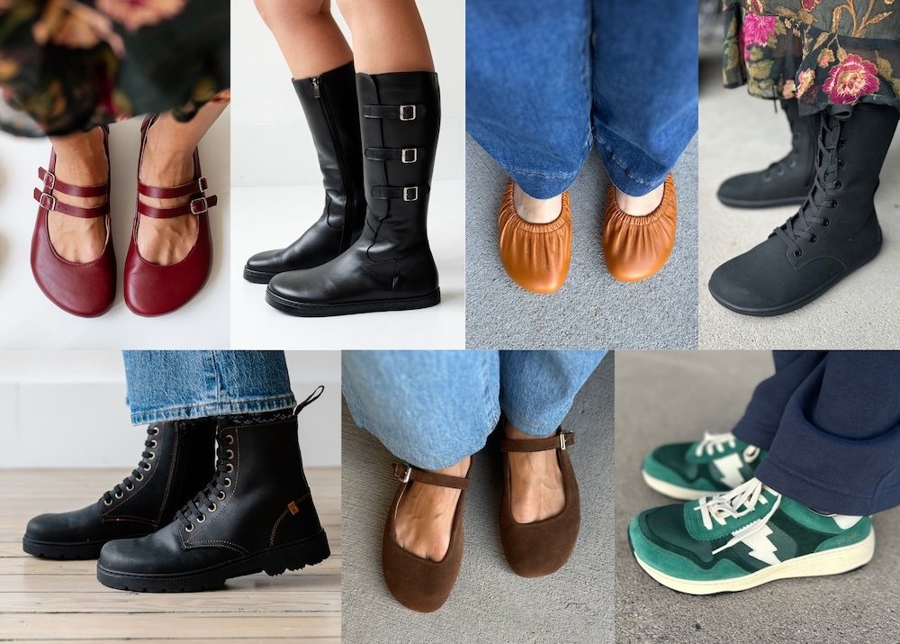 Collage of 7 different trendy barefoot shoes in a variety of styles from Jenon Leather, Peerko, Nugaia, Be lenka, El Naturalista, Peralba, and Dolfie Paradise