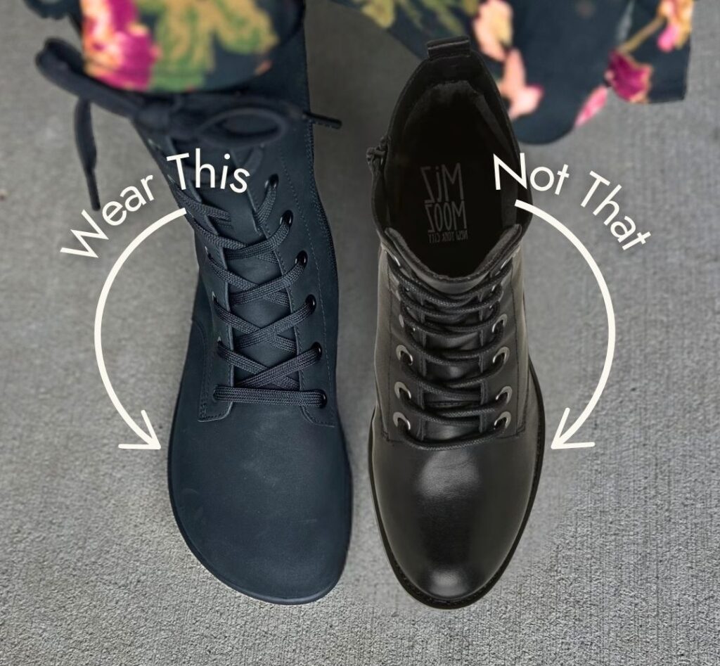 Annotated image of Be Lenka Evon mid-height lace ups boots with a wide toe box next to a conventional narrow toe boot.