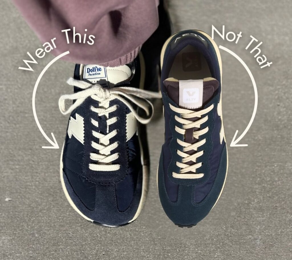 Annotated image of Dolfie Paradise wide toe box chunky sneakers in navy next to a conventional sneaker with a narrow toe box in a similar style.