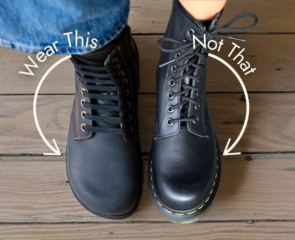 Annotated image of El Naturalista Nomada Lace up Boots with a wide toe box compared to a conventional pair of narrow Doc Martens