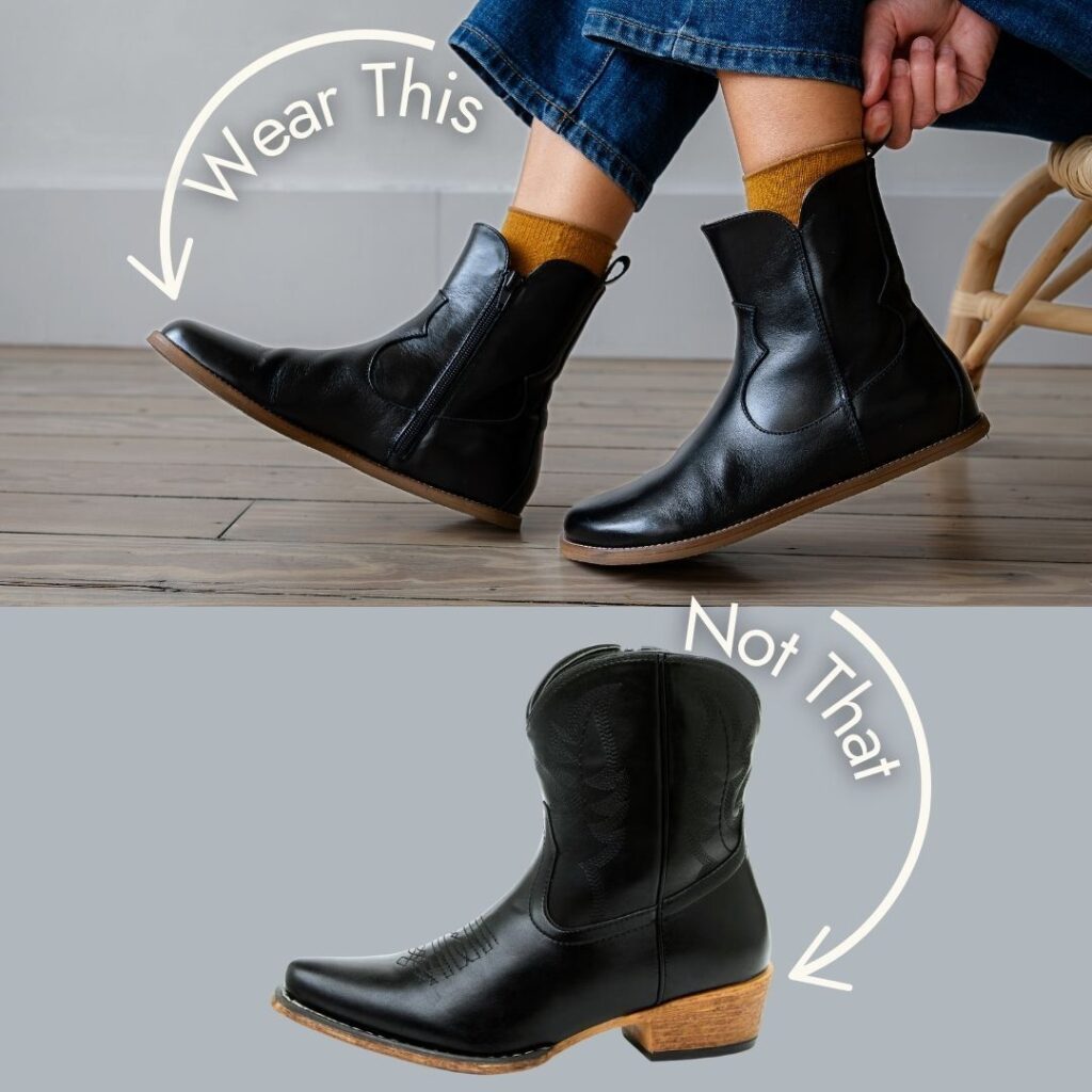 Annotated image of a person wearing Faye western style boots By Anya compared with a conventional pair of narrow heeled short cowboy boots.