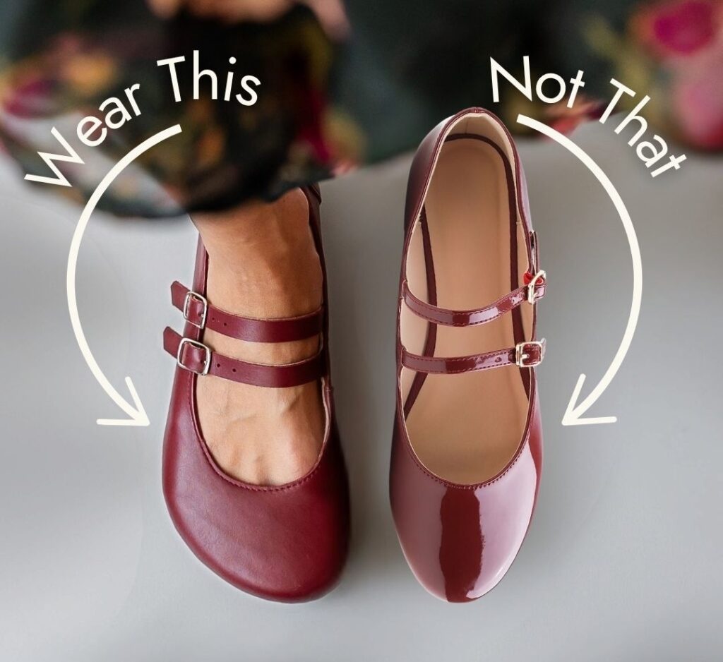 Annotated image of Jenon Leather Villet in Crimson next to a similar style double strap mary jane with a pointy toe box.