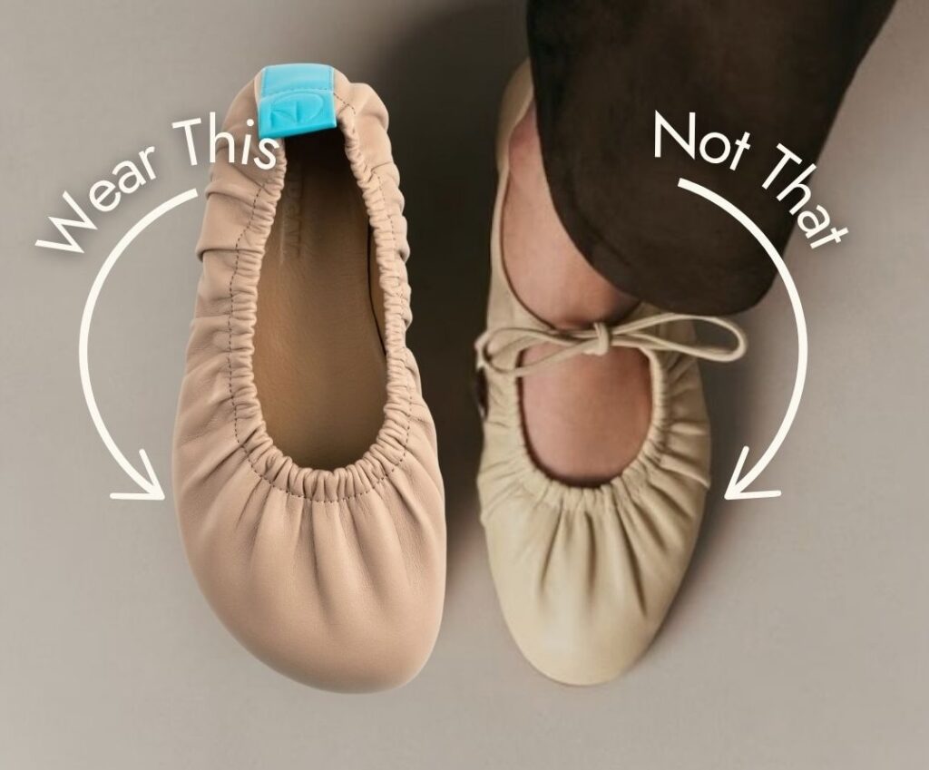 Top down annotated image of pair of ruched flats from Nugaia next to a conventional pair in a similar style, but with a narrow toe box.