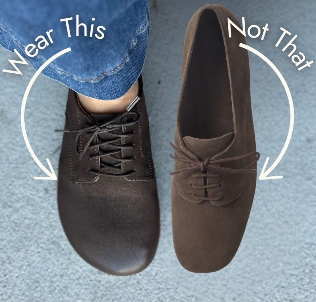 Annotated comparison image of a dark brown Paidal Oxford next to a conventional shoe in a similar style, but with a much narrower toe box.