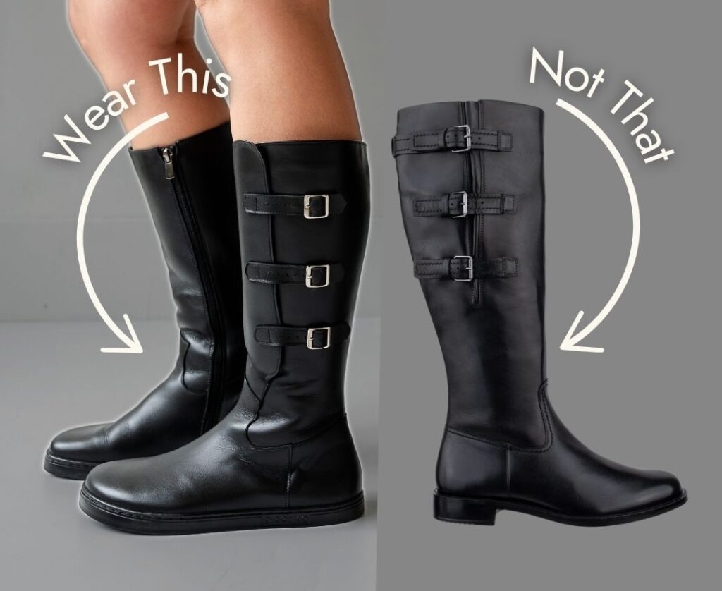 Annotated image of a person in tall riding style boots from Peerko with 3 buckles showing the side profile compared to a boot in a similar style but with a heel and narrow toe box.