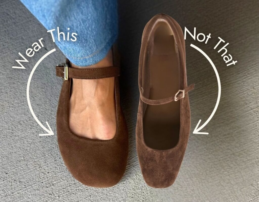 Annotated image of a person in Peralba Sierra brown suede flats next to a conventional flats in a similar style and color, but with a much narrower toe box.