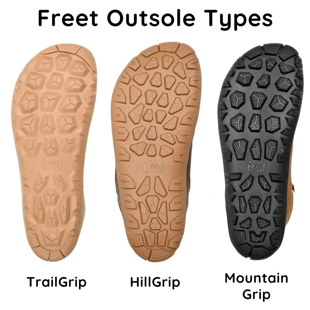 Collage of 3 different types of Freet Barefoot outsoles - Trail Grip, Hill Grip, and Mountain Grip